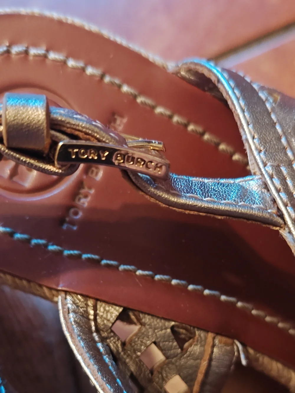 Tory Burch Metallic Bronze Laser-Cut Wedge Sandals
